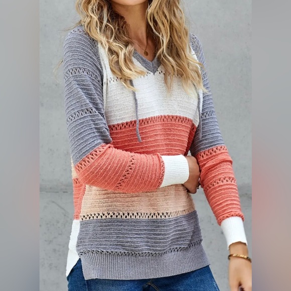 S M L 1X 2X 3X Knitted Color Block PullOver Hoodie - Picture 3 of 4